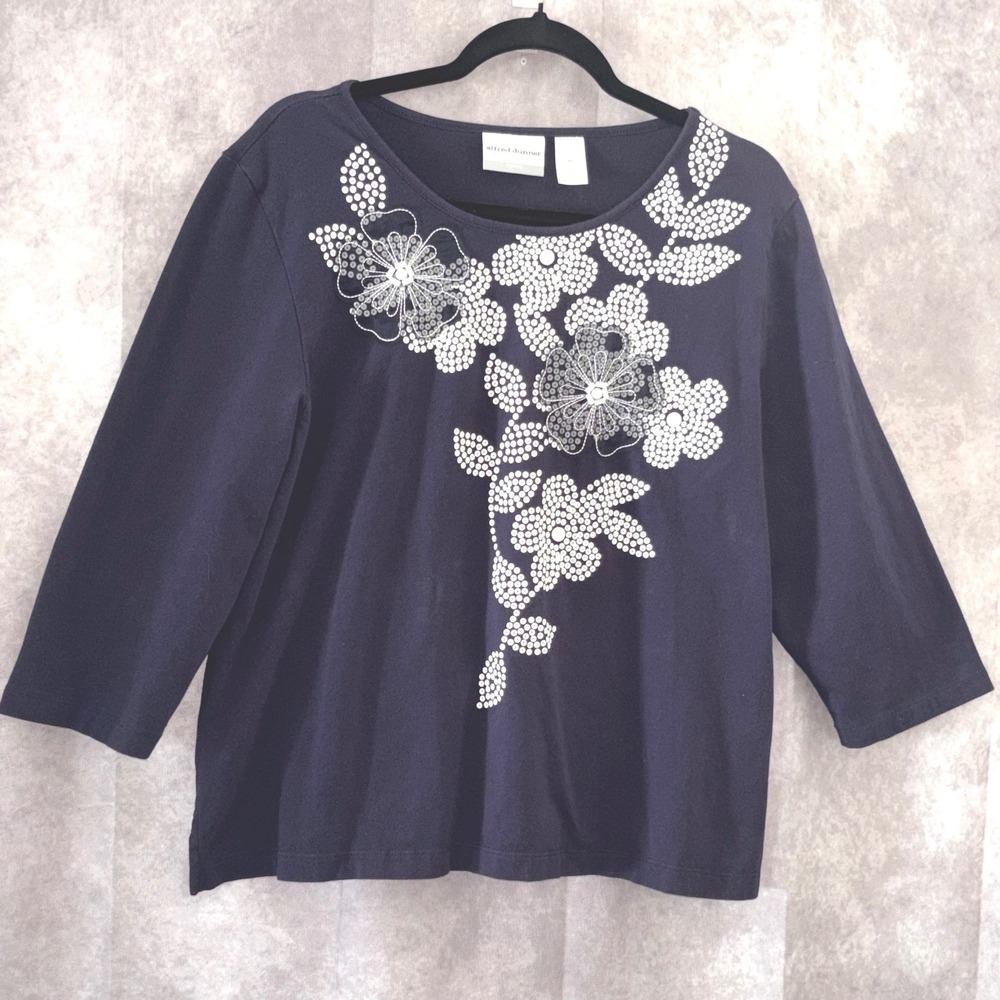 Alfred Dunner Floral Embellished Beaded Top Womens P Large Navy Blue Classic